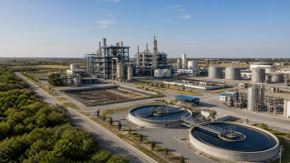 Planta industrial con infraestructura de tratamiento y control ambiental