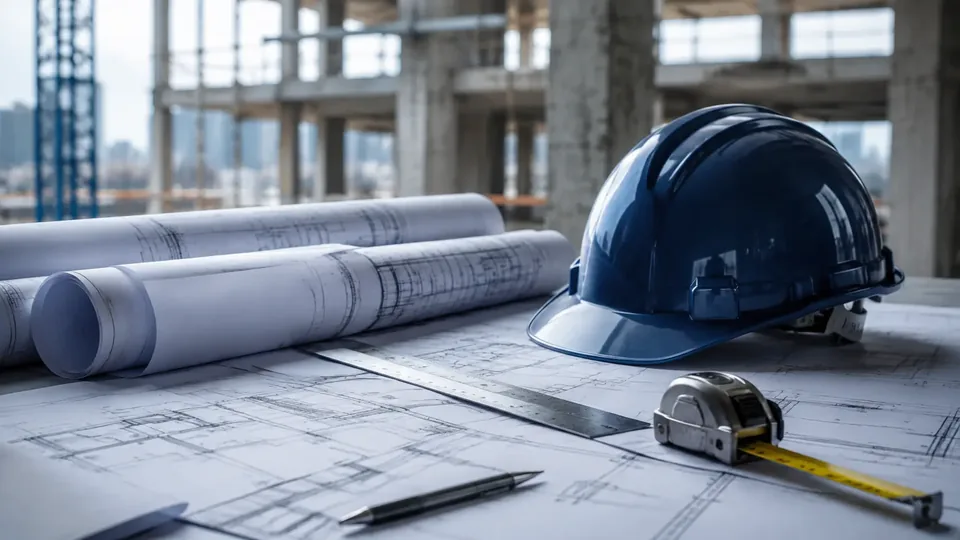 Planos y casco de seguridad en una obra en construcción